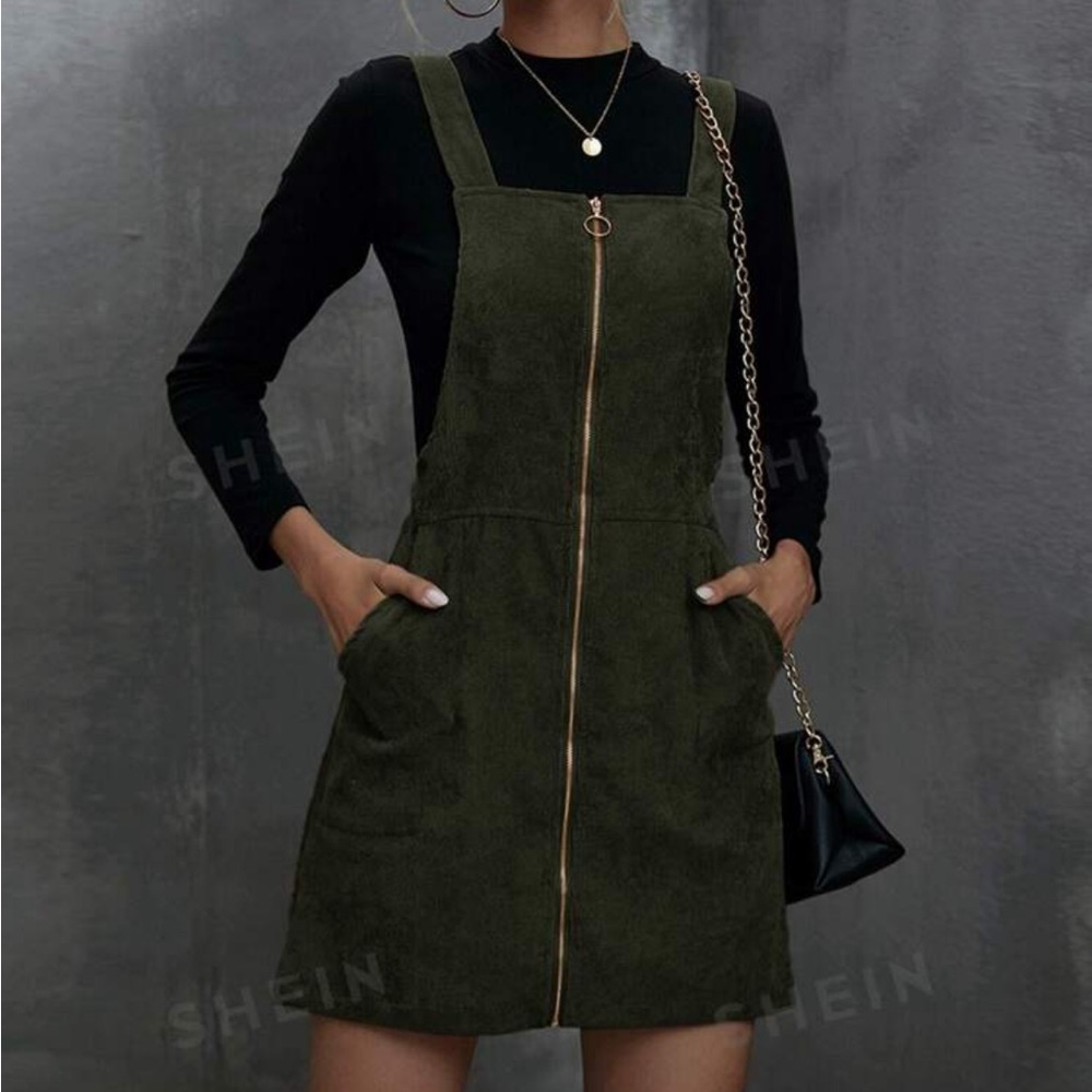 SHEIN LUNE O-ring Zip Up Corduroy Overall Dress